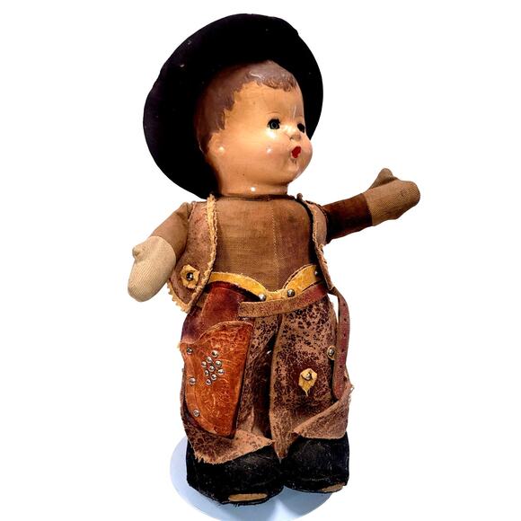 13" 1920s Antique Composition Head Sweet Cowboy Toddler Baby Boy - Picture 3 of 12